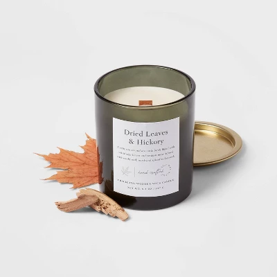 Clear Colored Glass With Woodwick And Brass Metal Inset Lid Dried Leaves + Hickory Candle Green - Threshold™ 2 Clear Colored Glass With Woodwick And Brass Metal Inset Lid Dried Leaves + Hickory Candle Green - Threshold™ - Image 2