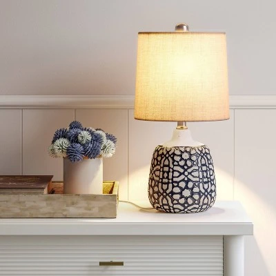 17.5"x9" Assembled Ceramic Table Lamp Blue - Threshold™: Bud-Shaped Base, Off-White Drum Shade, UL Listed 2 17.5"x9" Assembled Ceramic Table Lamp Blue - Threshold™: Bud-Shaped Base, Off-White Drum Shade, UL Listed - Image 2