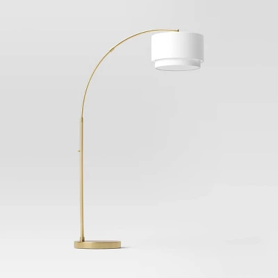 68"x41" Knurled Metal Arc Floor Lamp With Tiered Shade Brass - Threshold™: Curved Standing Illumination For Living Room 1 68"x41" Knurled Metal Arc Floor Lamp With Tiered Shade Brass - Threshold™: Curved Standing Illumination For Living Room