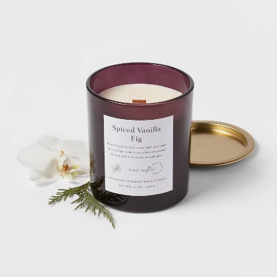 Clear Colored Glass With Woodwick And Brass Metal Inset Lid Spice Vanilla Fig Candle Purple - Threshold™ 2 Clear Colored Glass With Woodwick And Brass Metal Inset Lid Spice Vanilla Fig Candle Purple - Threshold™ - Image 2