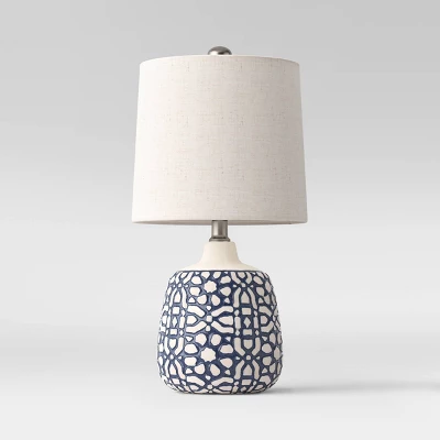 17.5"x9" Assembled Ceramic Table Lamp Blue - Threshold™: Bud-Shaped Base, Off-White Drum Shade, UL Listed 1 17.5"x9" Assembled Ceramic Table Lamp Blue - Threshold™: Bud-Shaped Base, Off-White Drum Shade, UL Listed